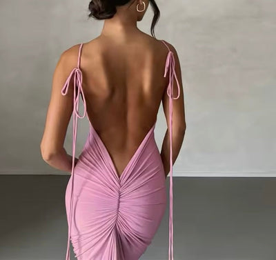 Backless Ruched V Bodycon Spaghetti Strap Maxi Dress
