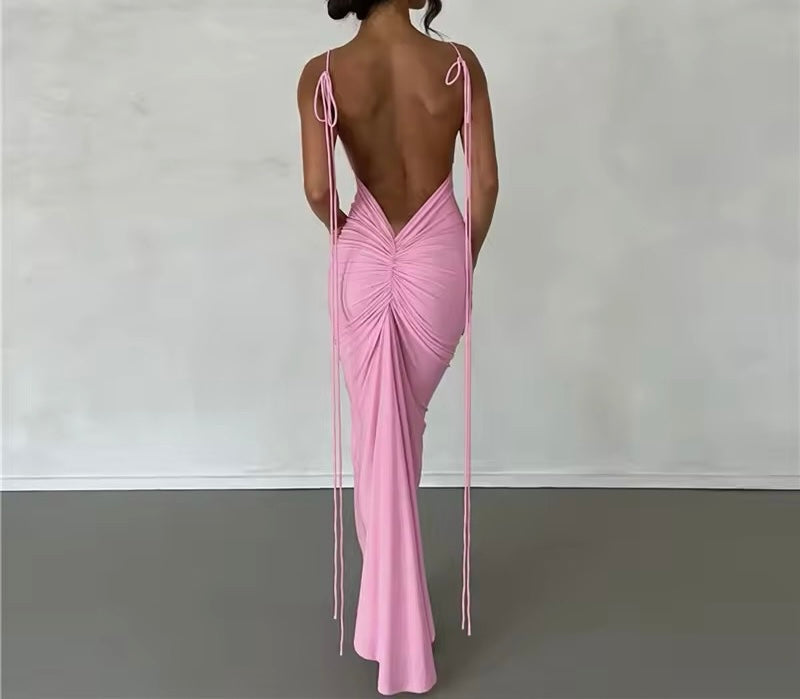 Backless Ruched V Bodycon Spaghetti Strap Maxi Dress
