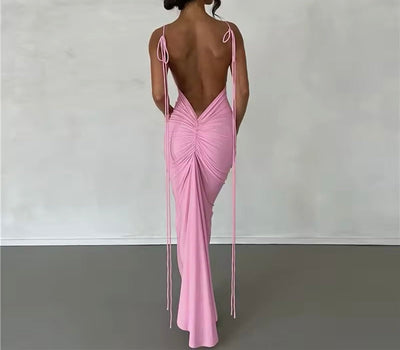 Backless Ruched V Bodycon Spaghetti Strap Maxi Dress