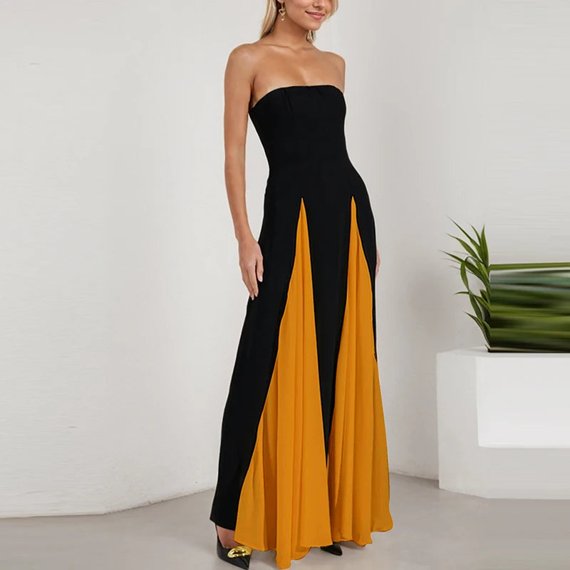 Lente Off Schouder Avondjurken Vrouwen Sexy Tube Top Kleur Geblokkeerd Patchwork Lange Jurk Zomer Mouwloze Backless Party Gown