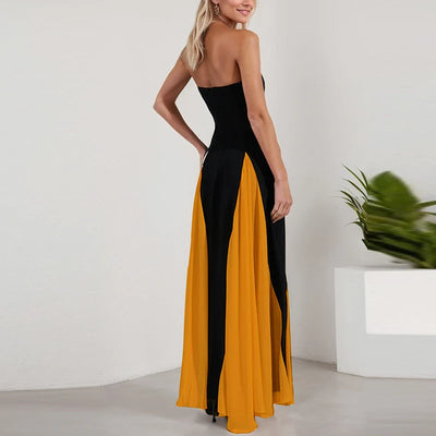 Lente Off Schouder Avondjurken Vrouwen Sexy Tube Top Kleur Geblokkeerd Patchwork Lange Jurk Zomer Mouwloze Backless Party Gown