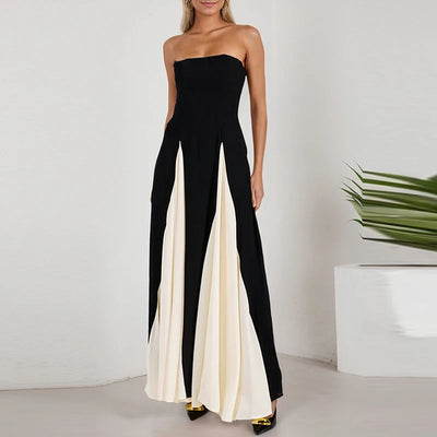Lente Off Schouder Avondjurken Vrouwen Sexy Tube Top Kleur Geblokkeerd Patchwork Lange Jurk Zomer Mouwloze Backless Party Gown