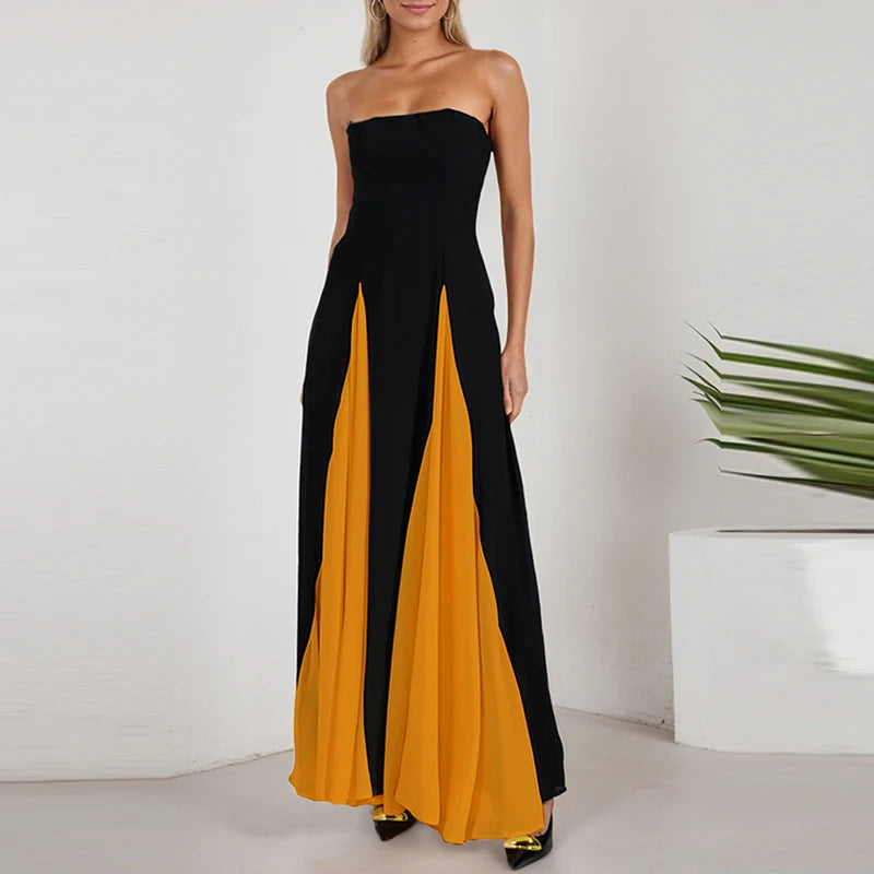 Lente Off Schouder Avondjurken Vrouwen Sexy Tube Top Kleur Geblokkeerd Patchwork Lange Jurk Zomer Mouwloze Backless Party Gown