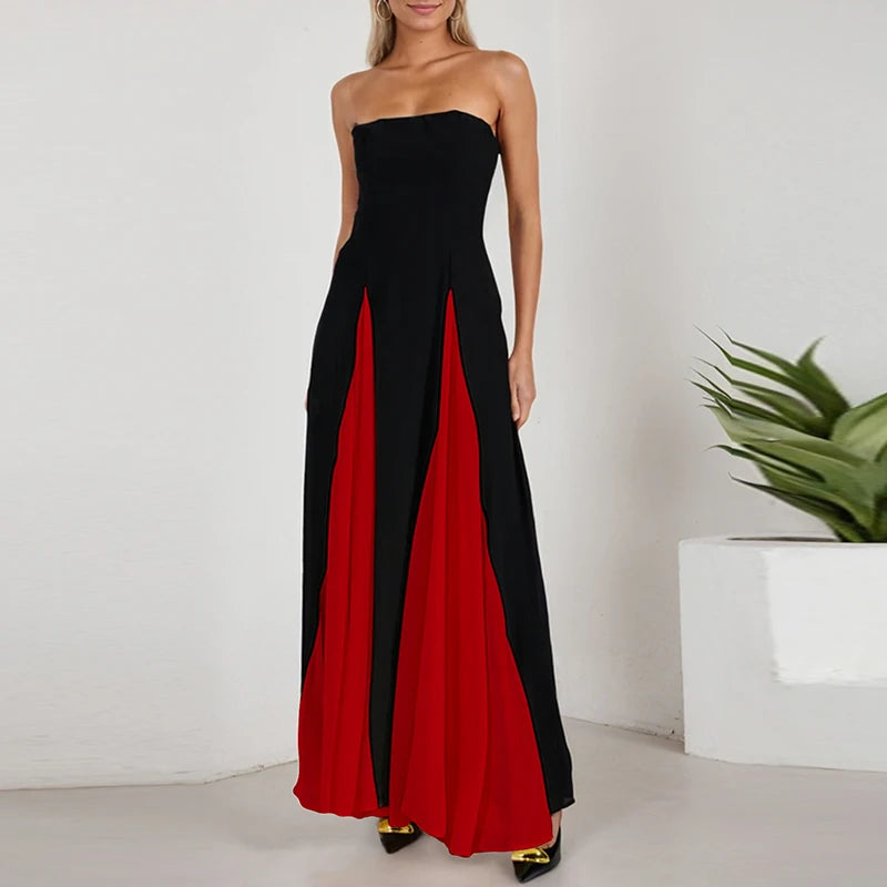 Lente Off Schouder Avondjurken Vrouwen Sexy Tube Top Kleur Geblokkeerd Patchwork Lange Jurk Zomer Mouwloze Backless Party Gown