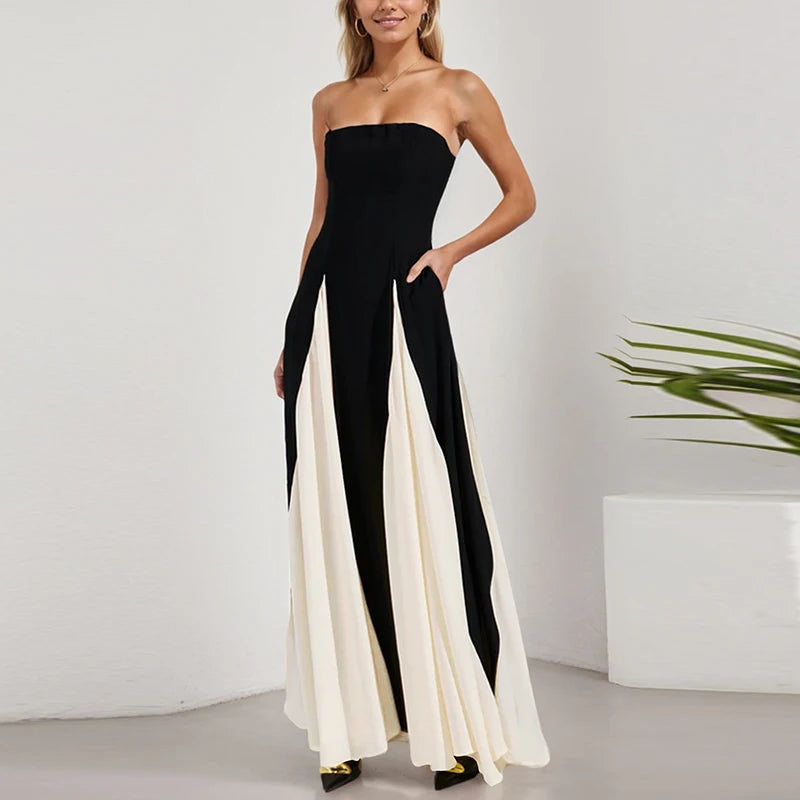 Lente Off Schouder Avondjurken Vrouwen Sexy Tube Top Kleur Geblokkeerd Patchwork Lange Jurk Zomer Mouwloze Backless Party Gown