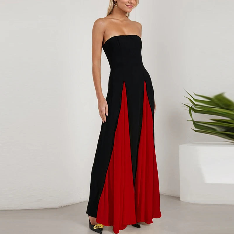 Lente Off Schouder Avondjurken Vrouwen Sexy Tube Top Kleur Geblokkeerd Patchwork Lange Jurk Zomer Mouwloze Backless Party Gown