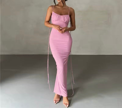 Backless Ruched V Bodycon Spaghetti Strap Maxi Dress